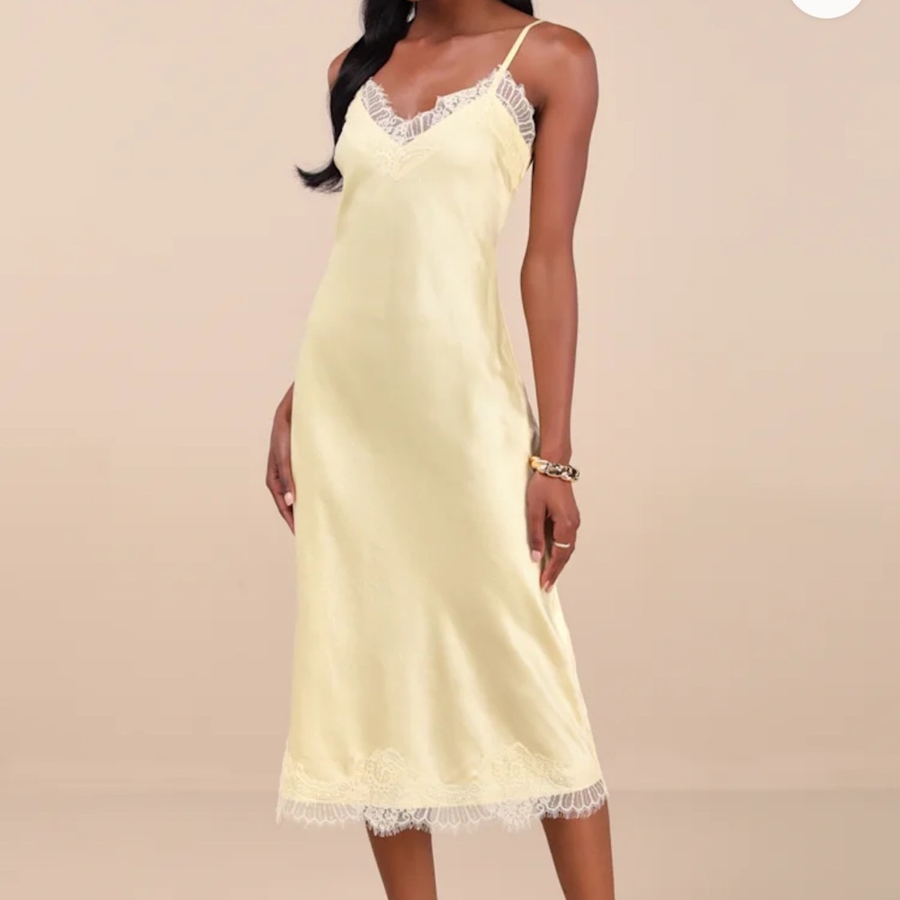 Lulu's Butter Yellow Crinkle Satin Lace Midi Slip Dress